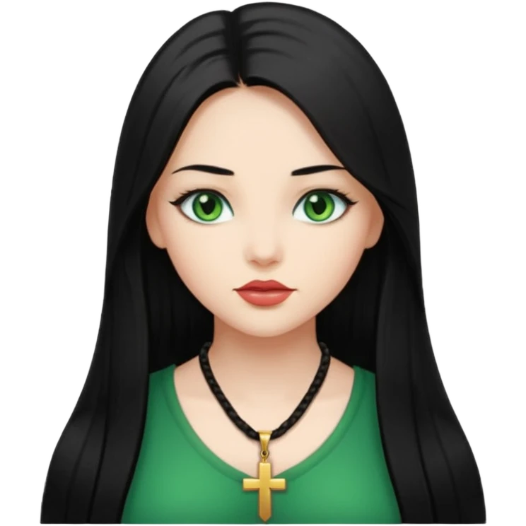 Girl, long black straight hair, green eyes, plump lips, cross necklace  emoji
