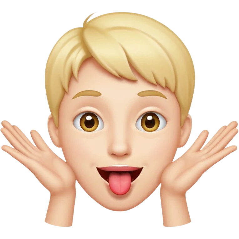 pessoa fazendo careta, com sorriso divertido, língua pra fora e mãos abertas próximas ao rosto emoji