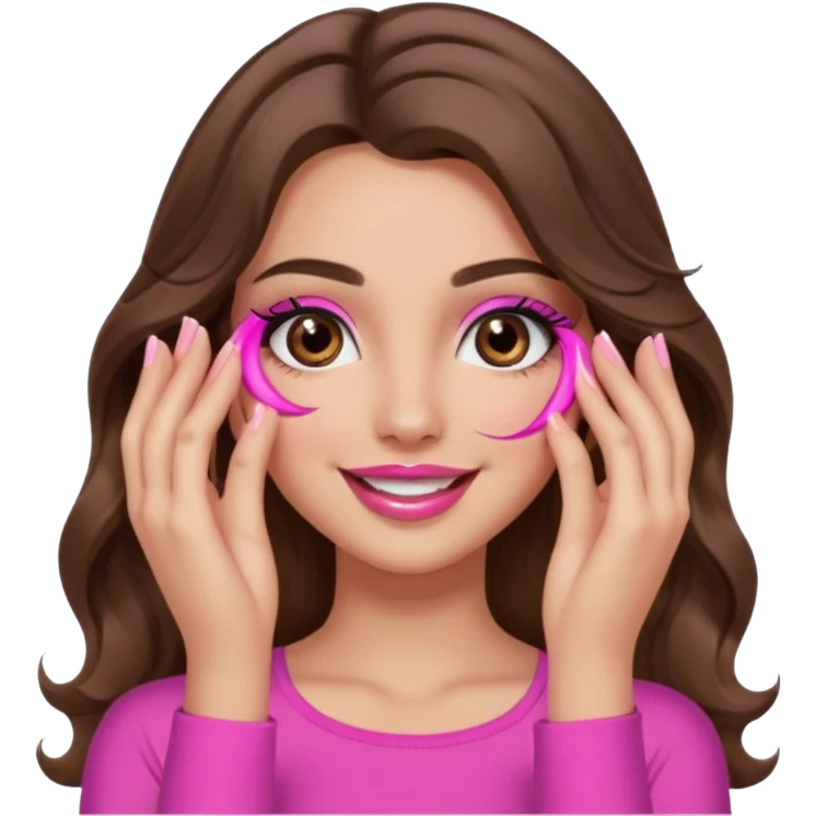 girl with long wavy brown hair, brown eyes, long lashes makeup, sexy pink lips, light to medium complexion, pink sexy top, smiling, hand covering eyes emoji