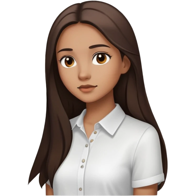 Feminine girl with light brown skin, dark straight long hair and dark eyes, wearing a white shirt, profile picture style emoji