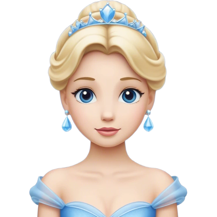 Cinematic Elegant Cinderella Portrait Emoji, rendered in a flat, vector-style with minimal shading and bold, simplified shapes. Depict Cinderella in her classic ball gown (chest and above) with fair, porcelain skin and elegantly styled blonde hair, her eyes soft and kind, and her expression serene and graceful. The design glows with a gentle, enchanting radiance and high shine, capturing the timeless beauty of a fairy tale princess. emoji