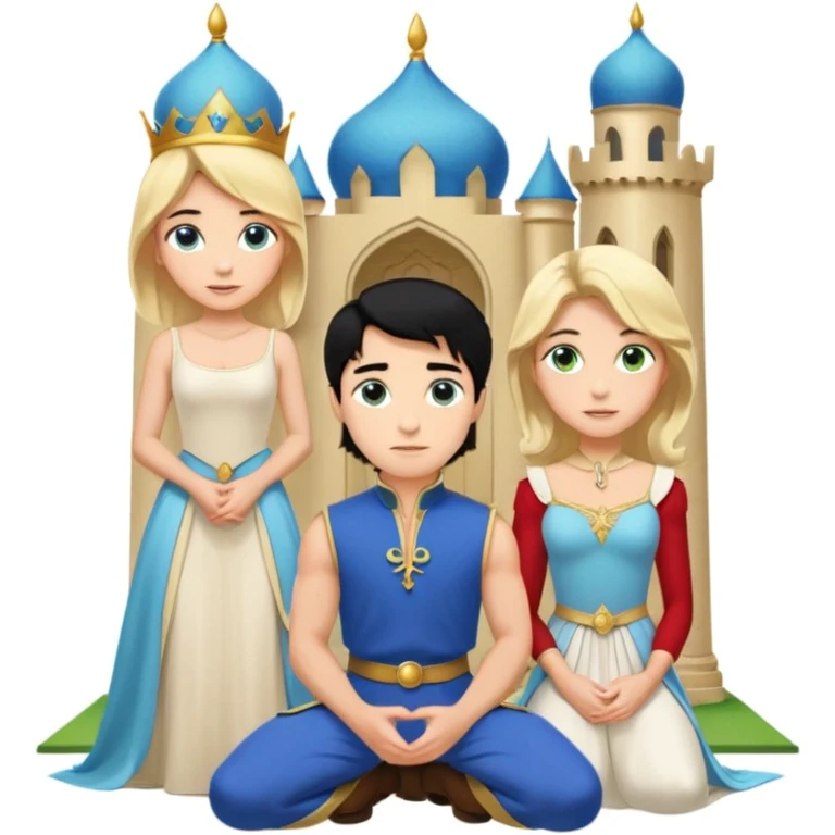 Man as prince, upright, black Hair, blue eyes, woman, blonde, green eyes, shott white sleveless Dress, kneeling, background palace emoji