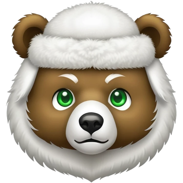 Adorable bear head with bright green eyes, white fluffy ushanka with clean simple Russian double-headed eagle emblem, minimalist iOS emoji style emoji