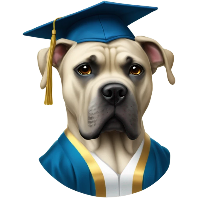 White and gold Cane Corso with glasses and cap and gown after graduating. emoji