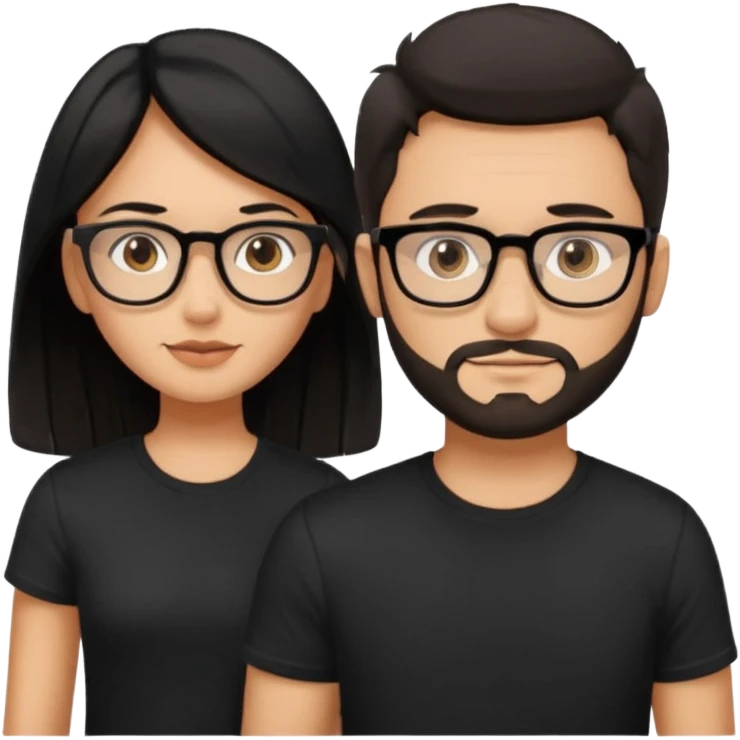 chico con gafas y barba corta moreno  camiseta negra al lado una chica pelo negro  largo piel blanca y camiseta rosa ojos marrones emoji