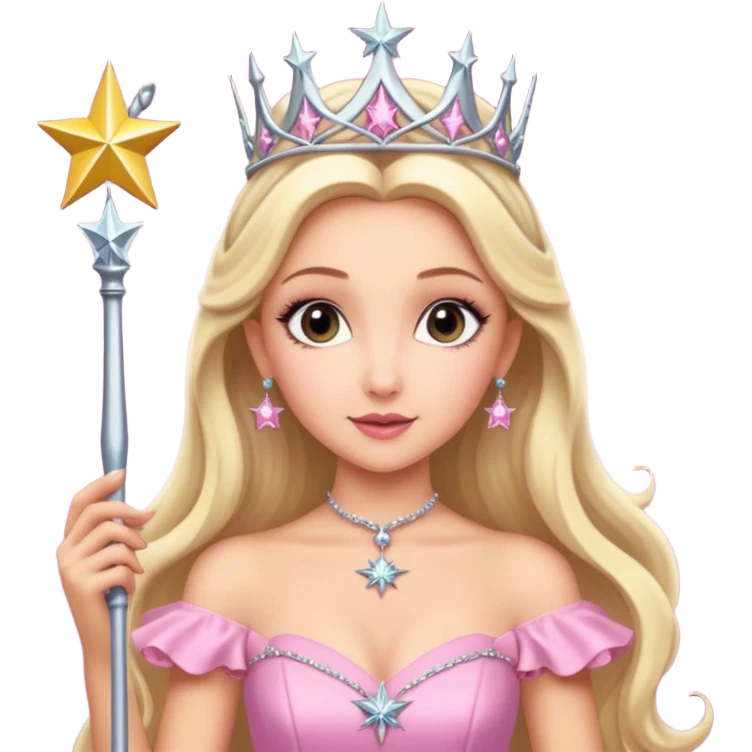 glinda the good witch from wicked movie (ariana grande) blonde hair, beautiful, big silver thin tiara, star wand, pink gown emoji
