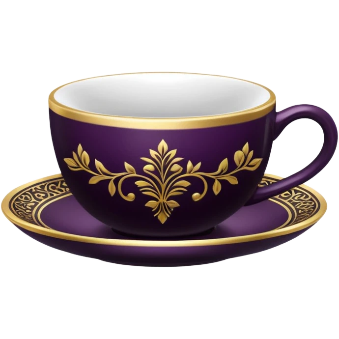  realistic modern day dark plum color expensive tea cup with black and 14k gold pattern print emoji