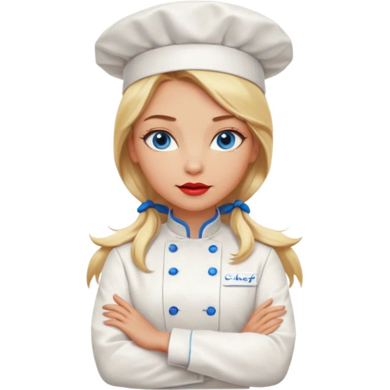 Beautiful, sexy,  long blonde hair, blue eyed, full red lips female chef arms folded  emoji