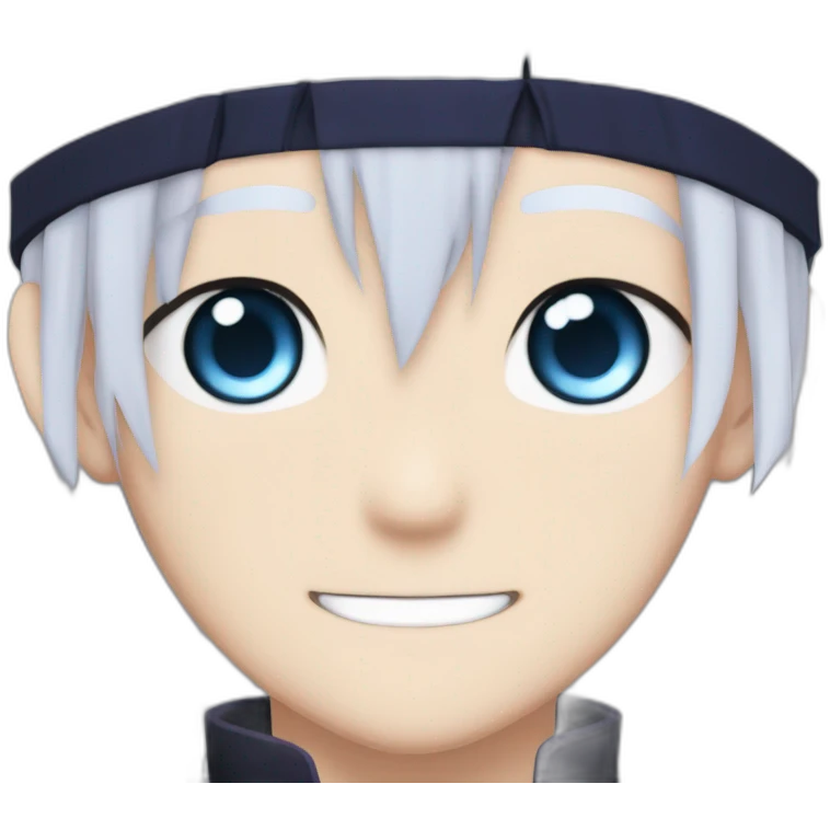 Satoru Gojo with his blue eyes,long medium white hair, a big friendly smile, dark violet uniform from jujutsu kaisen emoji