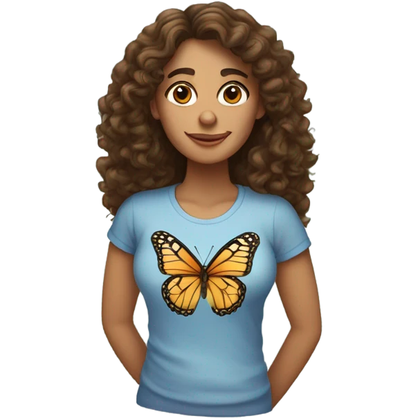 Spanish woman with long curly brown hair wearing a butterfly T-shirt  emoji