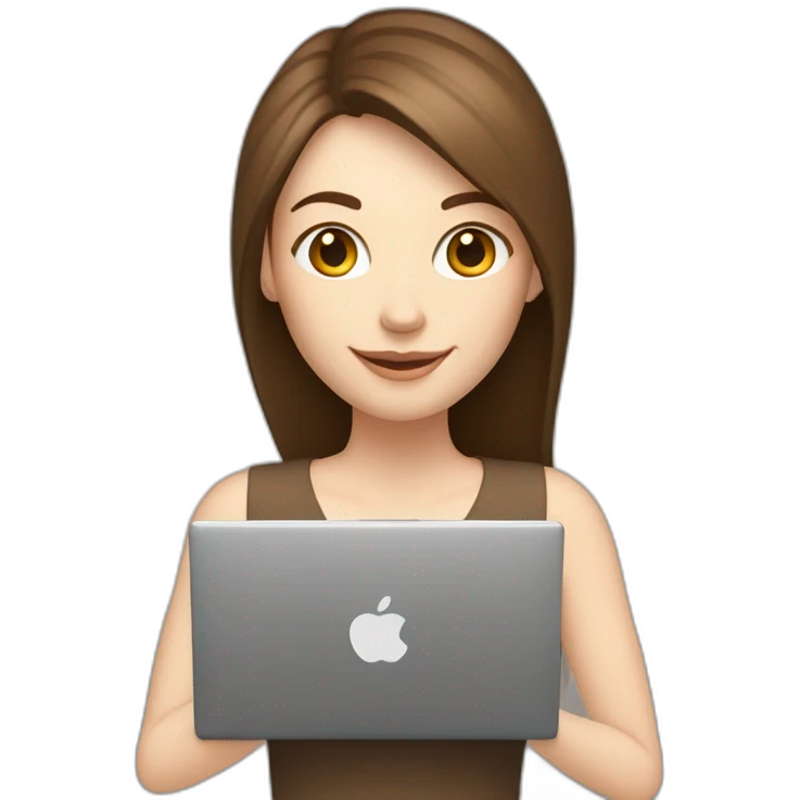Smiling pale skin woman with middle brown straight hair holding a laptop and a coffee mug on her right hand not full body shot emoji