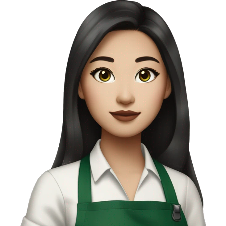 Beautiful and fashionable half white half asian (wasian) starbucks barista with green apron, long dark brown hair, cat eye makeup, light pink glossy lips and blush emoji