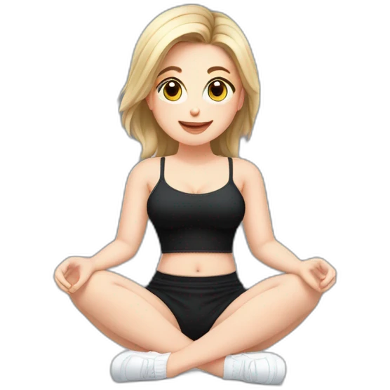 Front view full body curvy caucasian beauty sits on the floor straight hands up black skirt white knickers white socks emoji