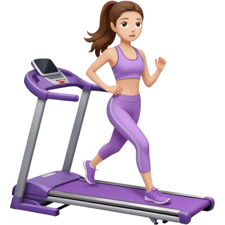 girl with long brown hair on treadmill wearing light purple yoga set emoji