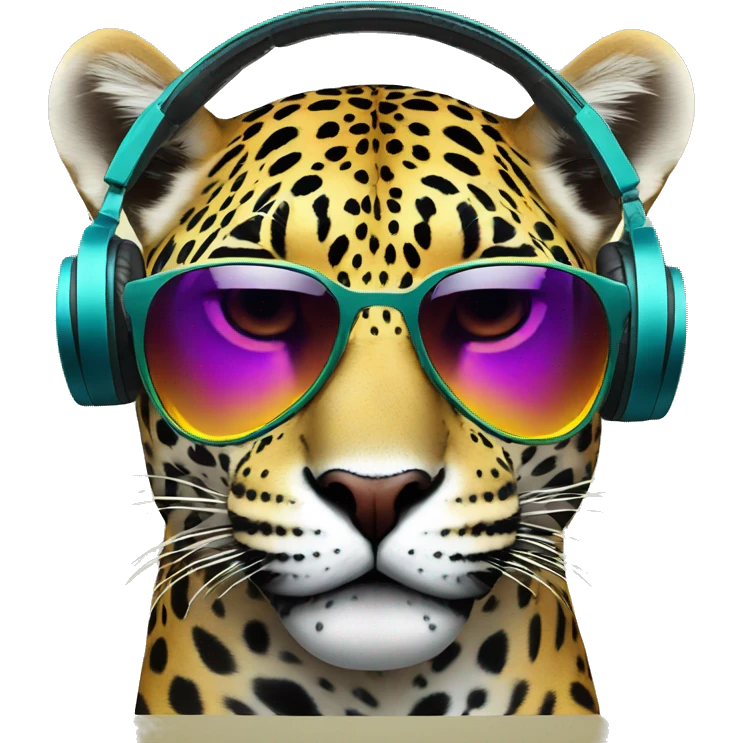 striking jaguar dj, emoji head, looking forward, wearing reflective sunglasses, wearing colorful big over-ear headphones on top of head emoji