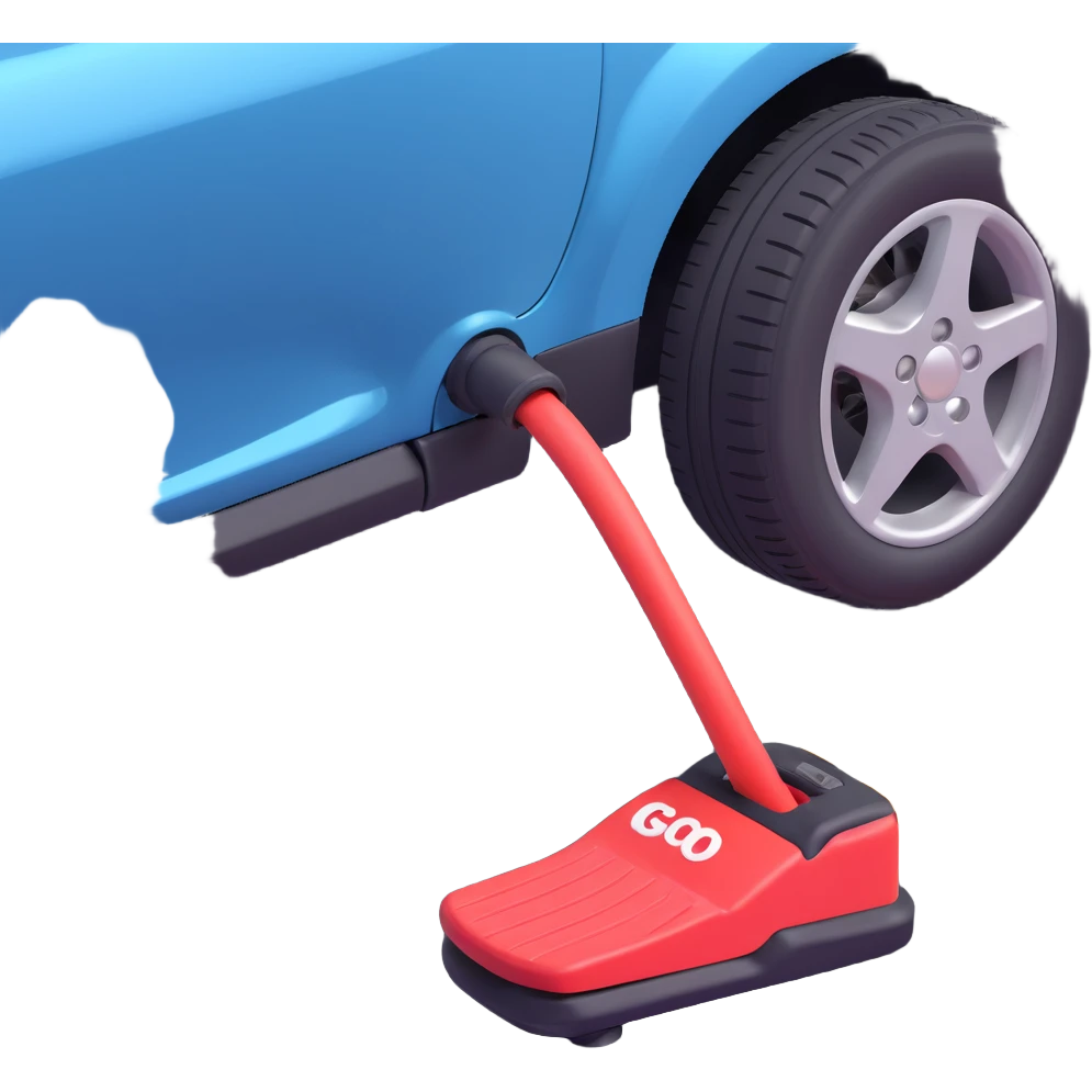 A simple 2D emoji-style illustration of a right foot pressing down on a car gas pedal. The pedal is labeled with “GO” and motion lines show acceleration. Bright, clean cartoon style with clear shapes and bold colors. emoji