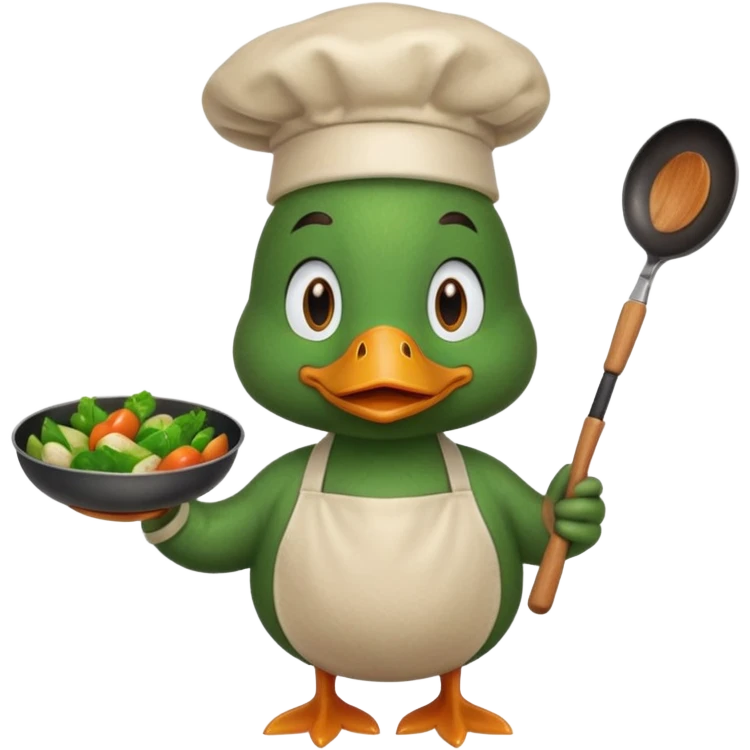 A duck holding a frying pan with sizzling vegetables, wearing green apron emoji