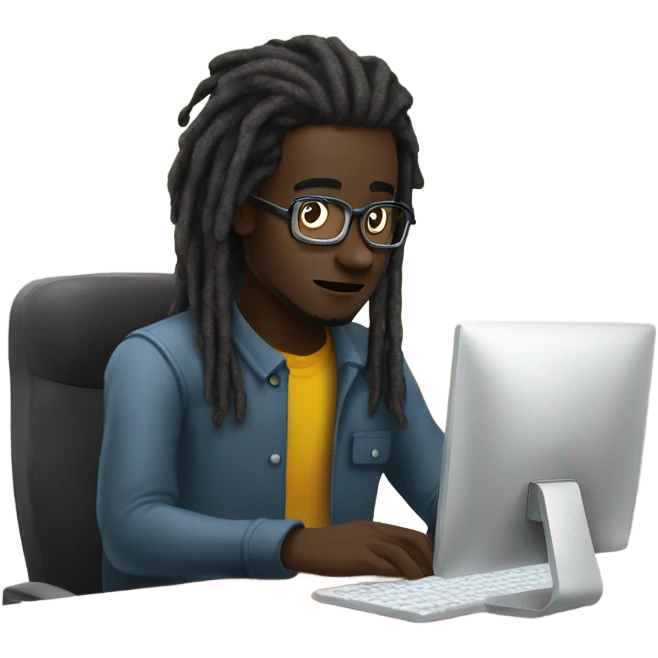 Web developer sitting in front of a computer a 20 year old dark skinned man with medium length dreadlocks coding  emoji