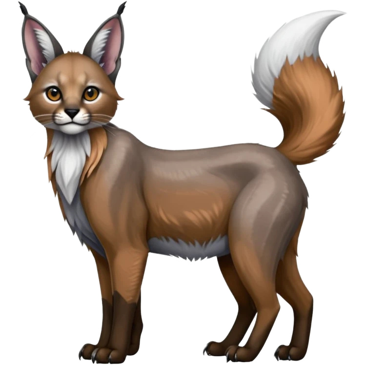 Realistic patterned marked edgy greyish blackish whitish silvery coppery Shiny Colorful Glossy Caracal-Fox-Cabbit-Lion-Bobcat-fusion-animal-hybrid-creature, full body, big-tufted-bat-ears, long-thin-tufted-white-tipped-tail, big-wide-cheeks emoji