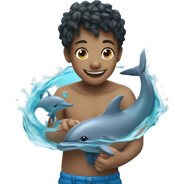 smiling boy in water holding hands with dolphin emoji