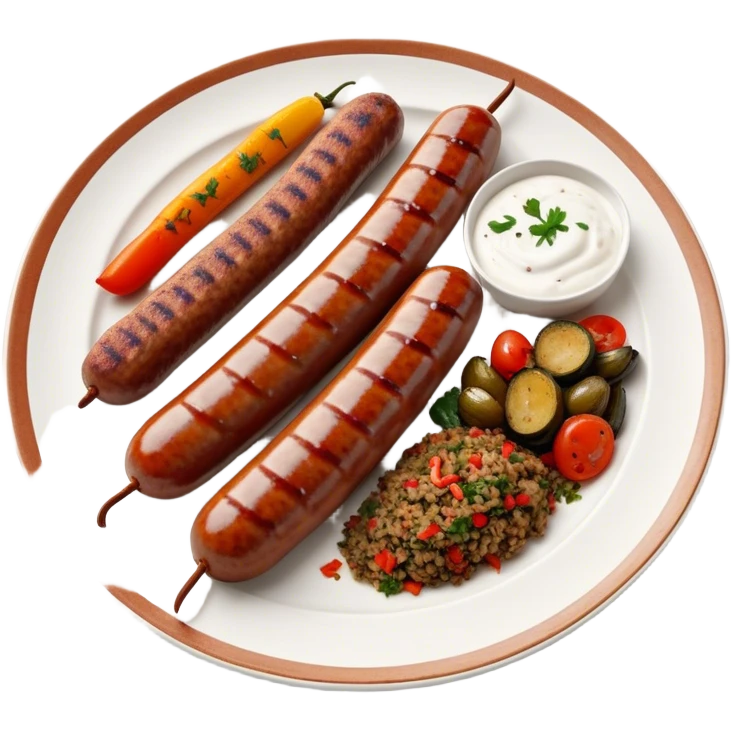 Cinematic Realistic image of a long, sausage-shaped Turkish Köfte, rendered with richly spiced meat textures and subtle grill marks, artfully arranged on a traditional Turkish ceramic plate alongside classic sides such as a serving of aromatic pilaf, crisp grilled vegetables, and a dollop of creamy yogurt, all bathed in warm, appetizing lighting that emphasizes its savory allure. emoji