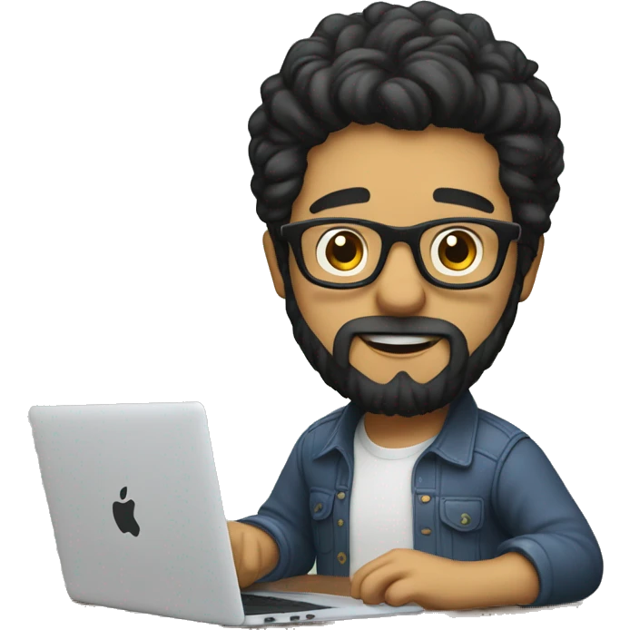 Designer with black hair, beard and glasses working with MacBook and eating ketchu bottle emoji