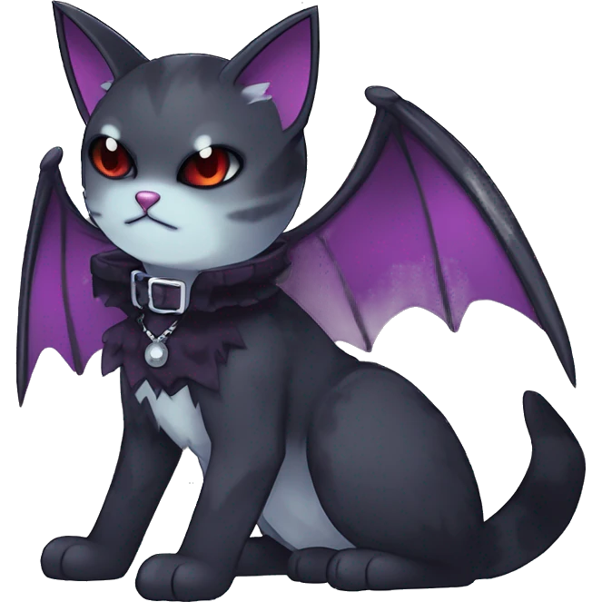   cool edgy kawaii anime-style ethereal dark-punk-themed animal vampiric cat-hybrid Fakemon with fangs and bat-wing-ears with a collar full body emoji