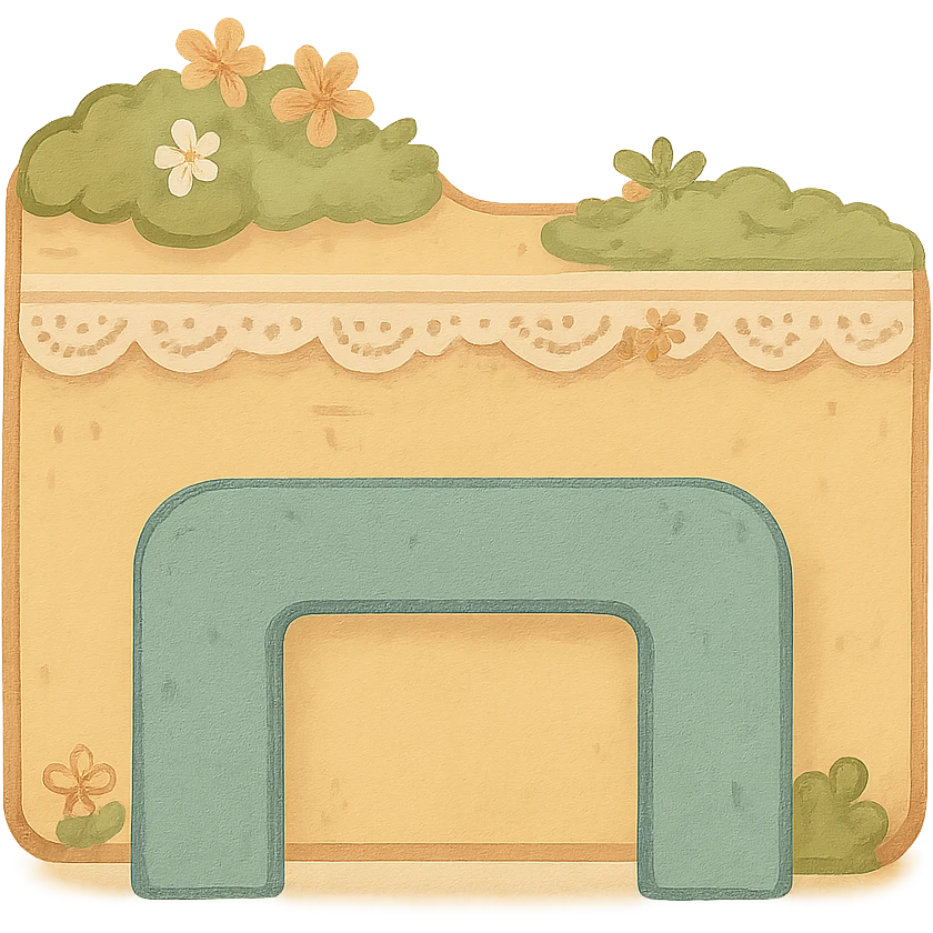 A whimsical File Explorer icon in matching cottagecore style: folder with blue arch, covered in moss, tiny flowers, and lace, rustic and homey, no text, transparent background. emoji