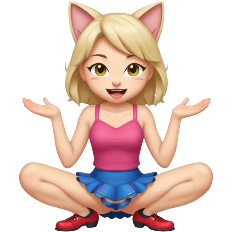 catgirl squatting and winking with her tongue out, legs apart, wearing a mini skirt bare thighs emoji
