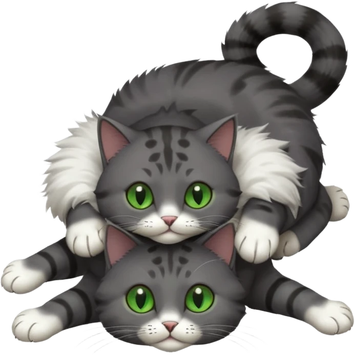 solid dark grey cat with green eyes, completely solid grey face, white toes/paws playing rolling upside down emoji