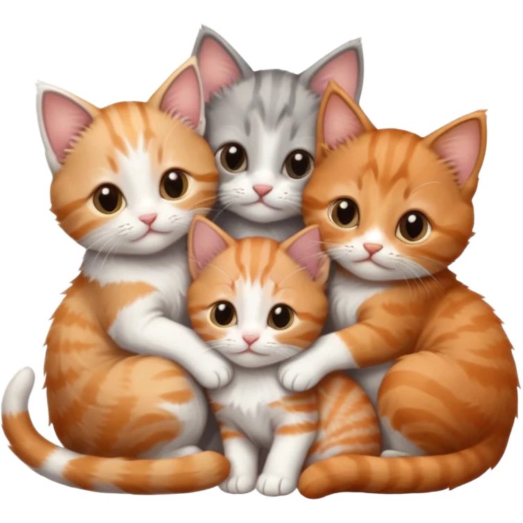 6 tiny kittens cuddling together all different colours, the first one is grey and white, the second is ginger and white and the third is brown tabby and white emoji