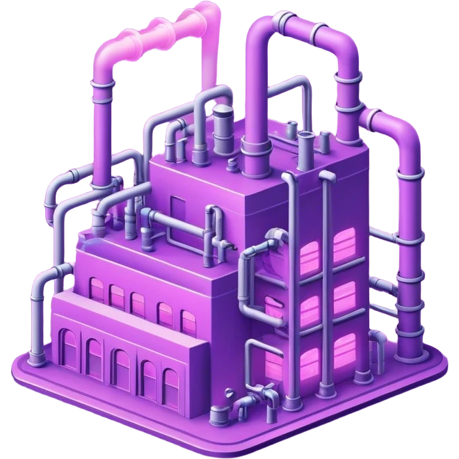 AI-powered factory. It should be a building with pipes. Add light violet neon glowing symbolizing power of AI emoji