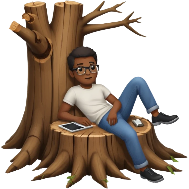 Une souche d'arbre mort avec un homme noir à lunette couché dessous  emoji