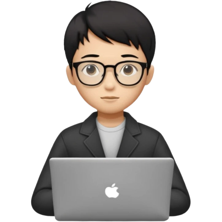 A young boy DEVELOPER WITH A laptop, black straight short hair, wearing glasses, he is asian

Add the letters "PIF" floating around him emoji
