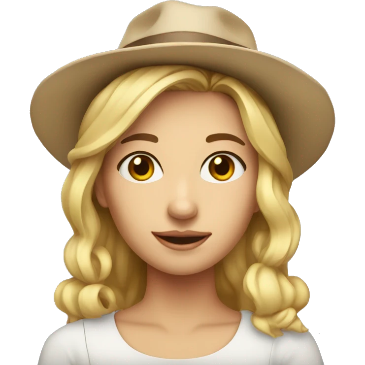 Young woman, blonde, with hair up and hat emoji
