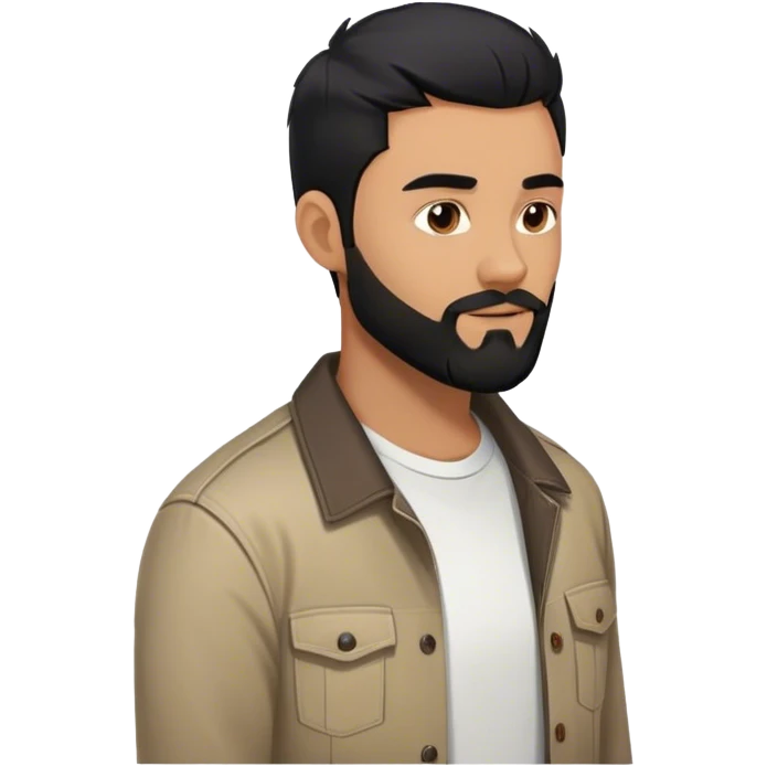Men around 25 - 27 age with black hair and smooth black beard in shirt or jacket with white t-shirt inside see in towards the user with Right side profile emoji
