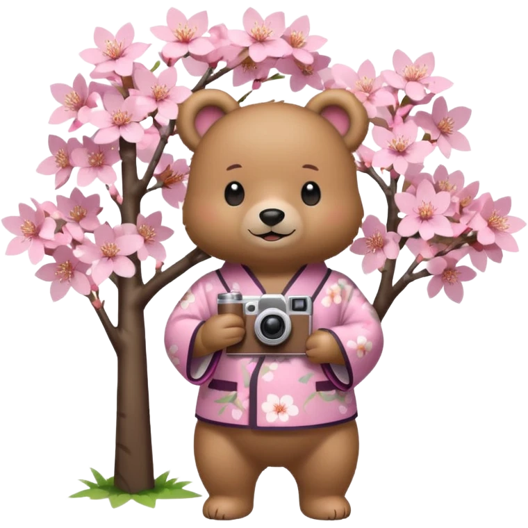 A cute light-brown bear wearing a pastel pink sakura-patterned kimono, normal balanced body ratio.  
Standing under a blooming sakura tree, holding a small camera and taking a picture with a happy smile.  
Kawaii emoji style, minimalistic clean sticker illustration, simple scenic background.
 emoji