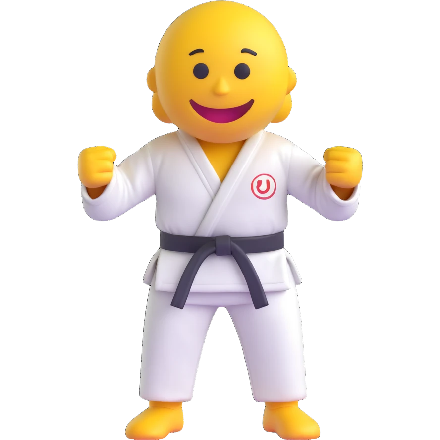 3D smiley emoji, round shape, wearing judo uniform with belt, sporty face, transparent background (judo) emoji