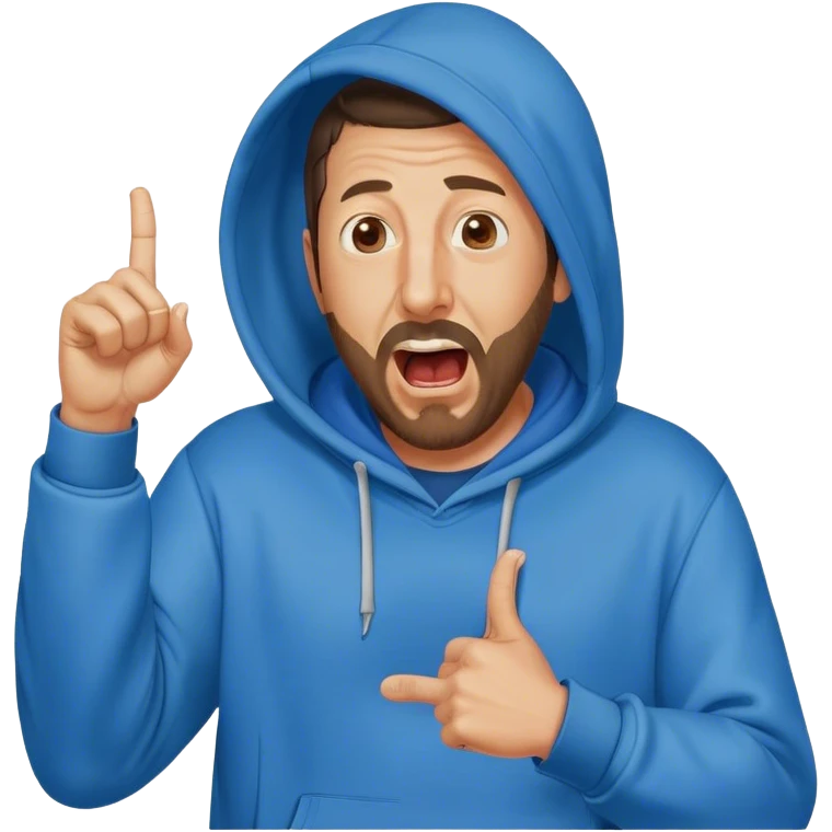 Adam Sandler with a beard in a blue hoodie, the hood on, screaming with the right arm up with index finger pointing up emoji