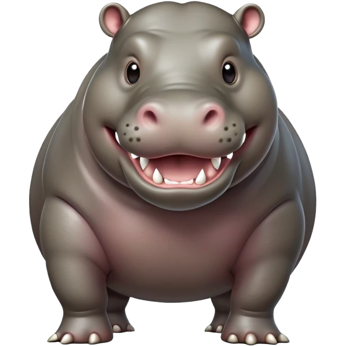 cinematic-hippo-realistic-full-body side view-standing on all fours-emoji,-massive-round-frame,-wide-mouthed-grin-exposing-huge-teeth,-head-tilted-dramatically,-thick-greyish-brown-hide-glossy-from-water,-simplified-yet-realistic-focused-features,-highly-detailed,-glowing-with-an-almost-sarcastic-glow emoji