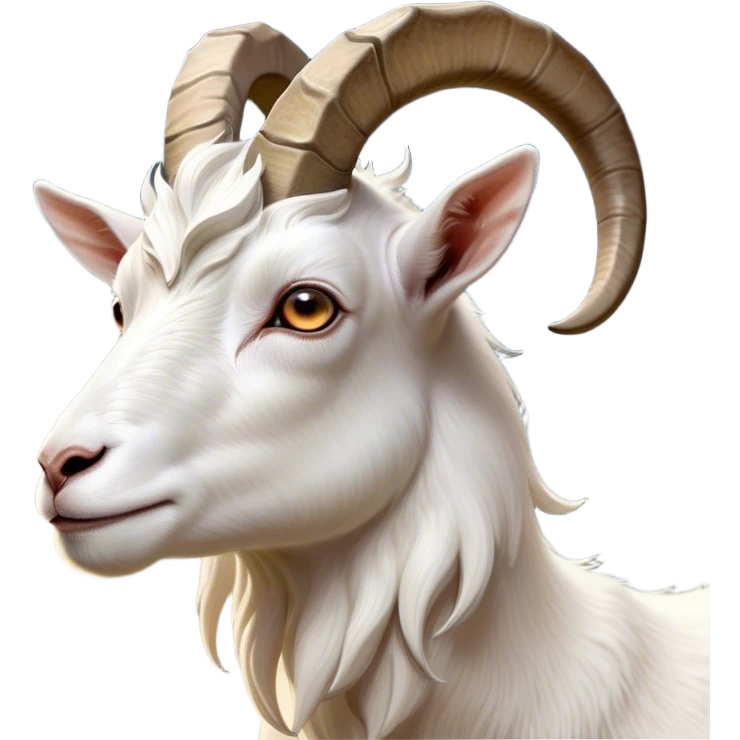 Cinematic Noble White Goat Portrait Emoji, Poised and regal, with a sturdy, agile build and a pristine, smooth white fur accented by gracefully curved horns, deep-set soulful dark eyes, Simplified yet sharp and sophisticated features, highly detailed, glowing with a soft, dignified glow, high shine, intelligent and spirited, stylized with an air of pastoral elegance, focused and attentive, soft glowing outline, capturing the essence of a watchful and confident goat, so majestic it feels as though it could leap out of the screen with effortless authority! emoji