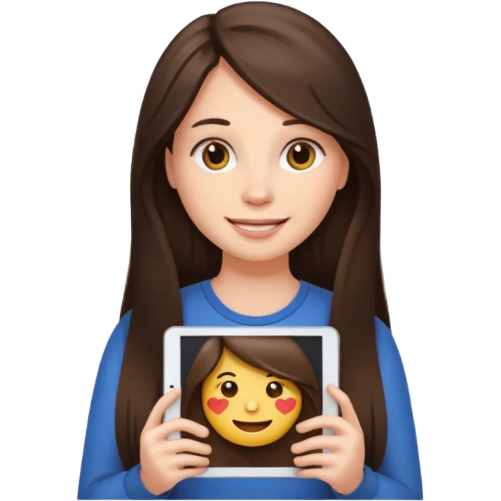 bored brunette  with long hair holding iPad emoji emoji