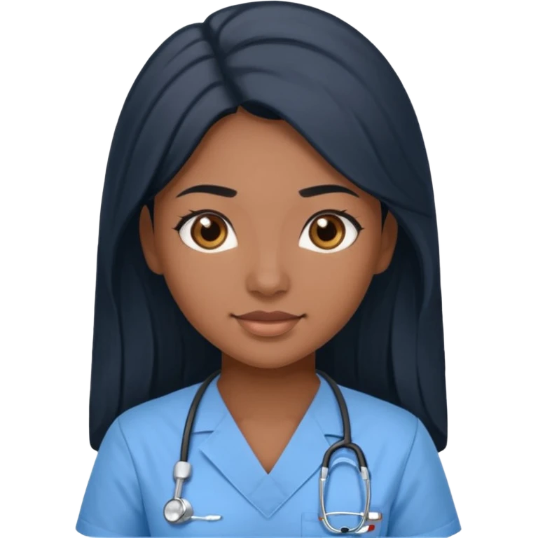 pretty brown skin nurse with long black hair and brown eyes in light blue scrubs emoji