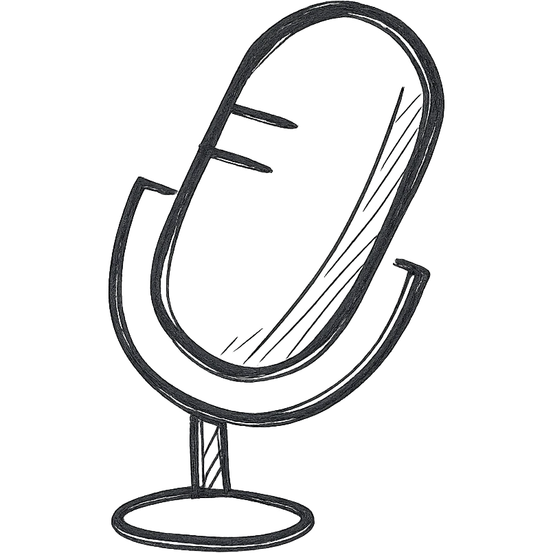 Microphone for sound recording icon, hand drawn, black outlines, no fill, simple and clean, angled view emoji