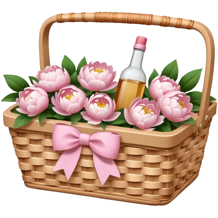 White Picnic basket with light pink bow and white peonies and a pink bottle inside emoji