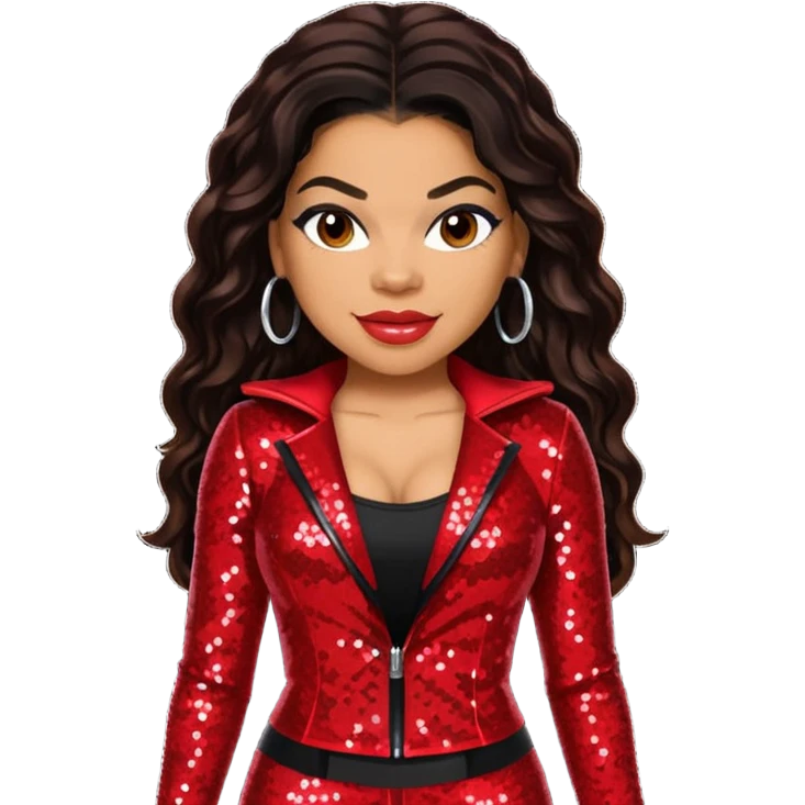 Jordin Sparks with long dark brown hair, red sequin outfit emoji