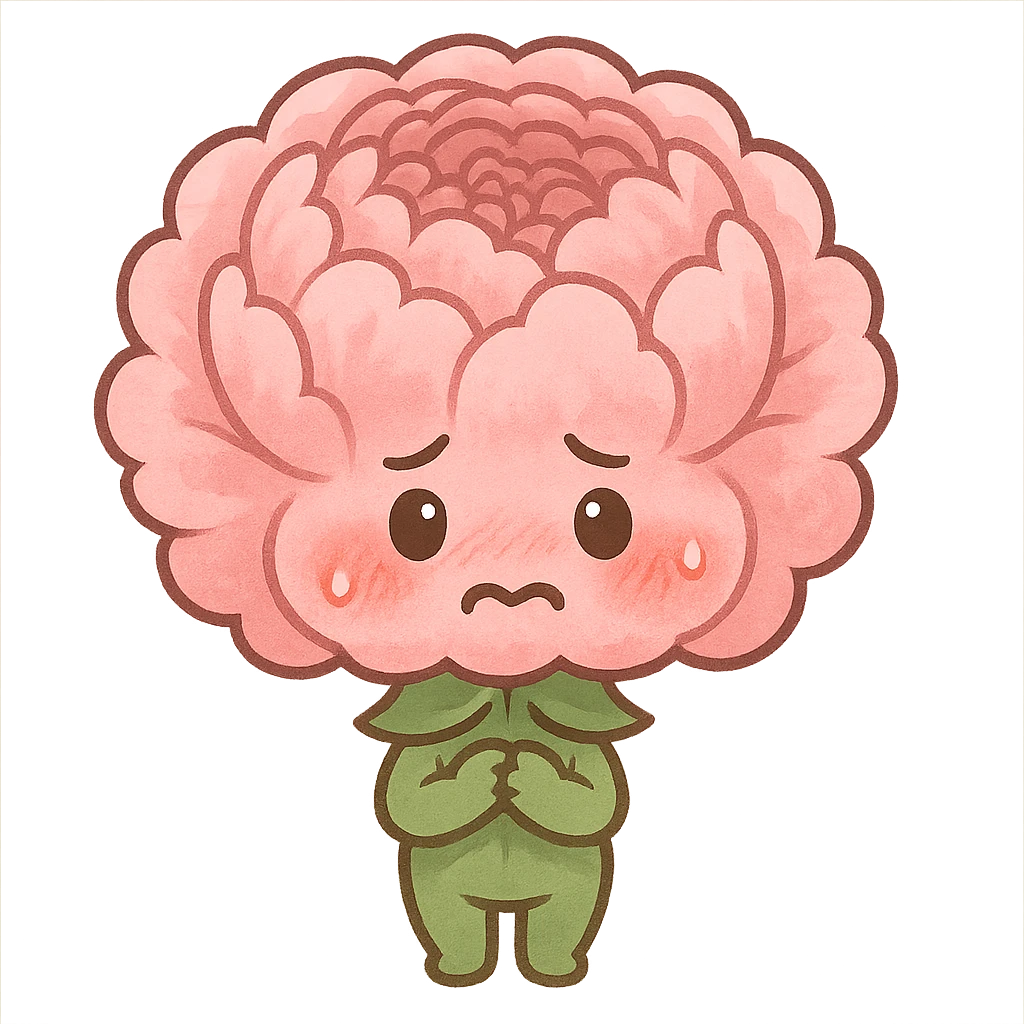 chibi fluffy pink peony flower, round and plump, blushing, nervous face, full-body emoji