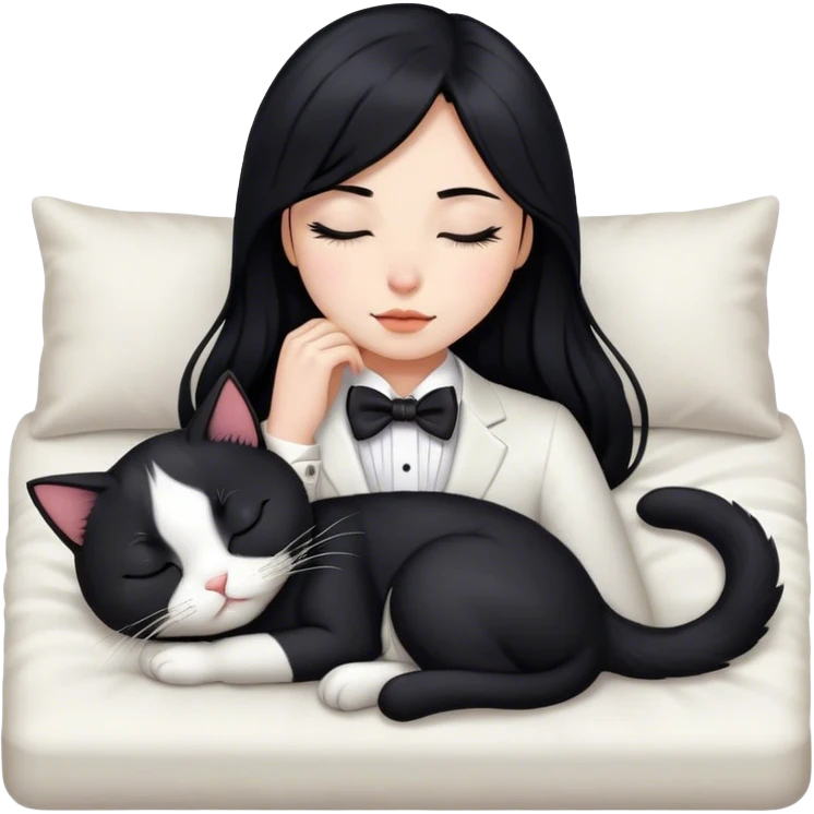 Single long Black hair girl sleeping with tuxedo cat emoji