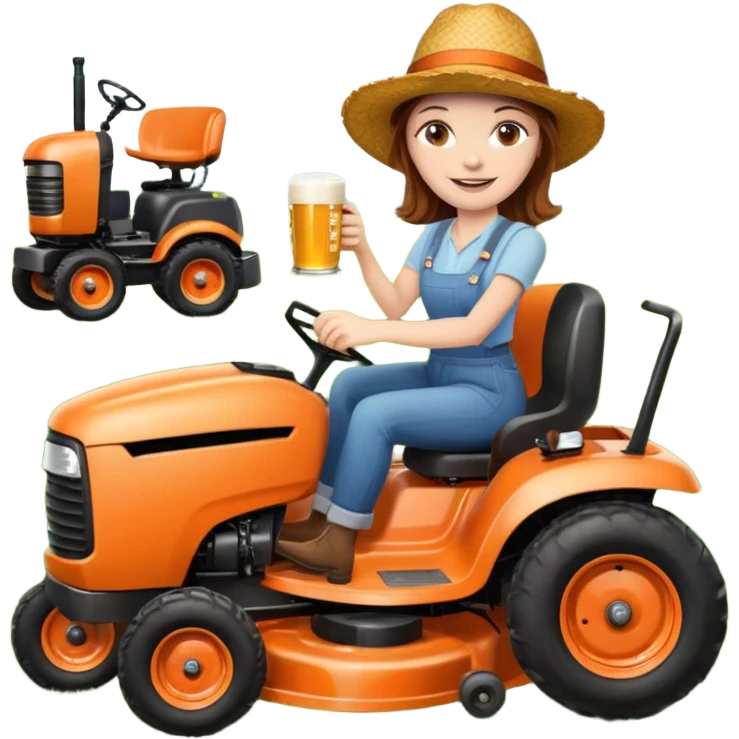 White woman with brown hair, without glasses wearing a straw hat, on old orange ride on lawn mower, holding a beer with one hand and holding the steering wheel with the other hand. Woman is smiling. Lawn mower has “Westwood” written on the engine cover emoji