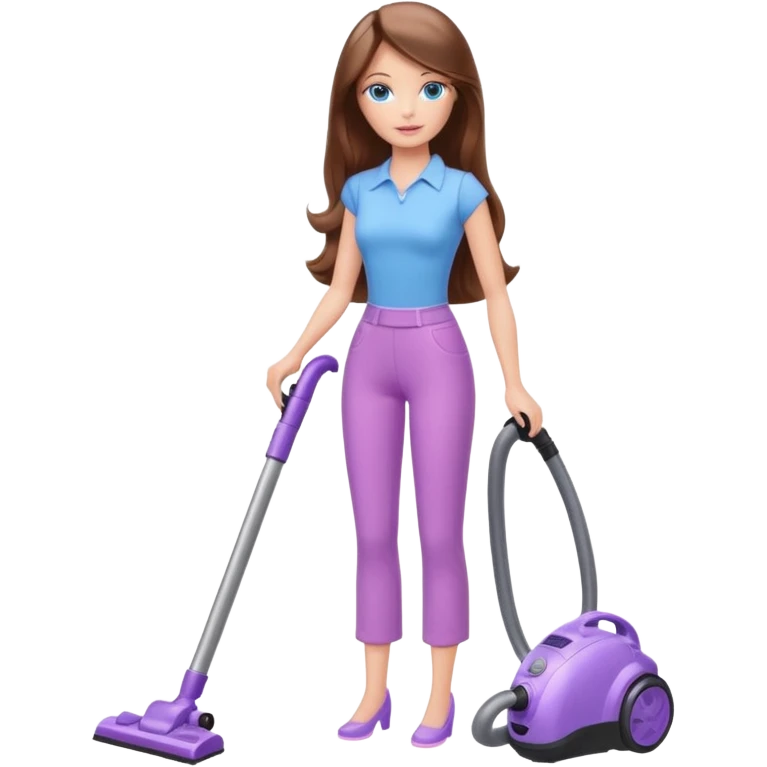 beautiful barbie girl with long brown hair, blue eyes and wearing light purple clothes, cleaning and vacuuming emoji
